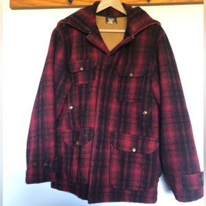 40s 50s Vintage Woolrich Coat, Red and Black Mackinaw Plaid Wool Jacket L